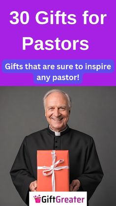 a man holding a gift box with the words 30 gifts for pastors