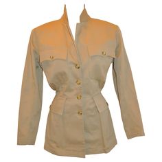 Rare Alaia Tan Brush Cotton "Safari" Jacket For Sale at 1stDibs Azzedine Alaia, Safari Jacket, Button Jacket, Brushed Cotton, Jacket Buttons, Top Stitching, Patch Pocket, Trench Coat, Fashion Outfits