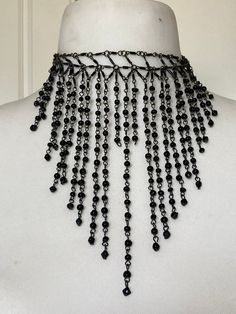 Signed Anton Heunis designer Vintage retro black beaded multi strand choker bib necklace silver tone ball chain 46cm adj length Gothic Dangle Necklaces For Parties, Metal Beaded Necklaces With Round Beads For Party, Party Choker With Adjustable Dangle Chain, Party Dangle Choker With Adjustable Chain, Metal Beaded Necklaces For Parties, Party Ball Chain Necklaces With Round Beads, Party Round Beads Ball Chain Necklaces, Party Necklace With Round Beads And Ball Chain, Party Round Beads Ball Chain Necklace