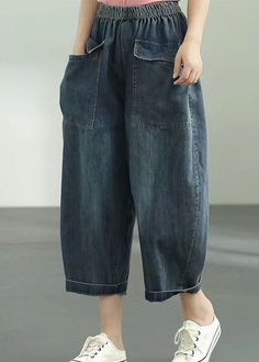 Loose Dark Blue Elastic Waist Oversized Big Pockets Cotton Denim Harem Pants SummerFabric: Cotton BlendedSize & Fit: This garment fits true to size.Length: Size 3XL measures 31.2"from waist to hem.Waist:Fitted - elastic waist allows stretch Hip: Loosely Fitted. room for hips. Hand Wash Cold. Oversized Mid-rise Pants With Pockets, Oversized Mid-rise Denim Bottoms, Oversized Straight Leg Jeans With Pockets, Casual Medium Wash Wide-leg Cropped Jeans, Oversized Mid-rise Jeans With Pockets, Oversized High-waist Bottoms With Pockets, Oversized High-waist Jeans With Pockets, Oversized High-rise Bottoms With Pockets, Oversized Straight Leg Bottoms For Spring