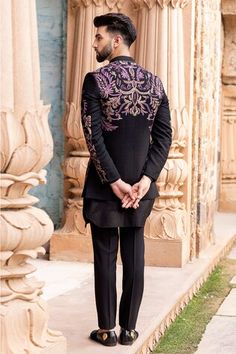 Black blue bandhgala featuring Kashmiri thread hand embroidery. Paired with a kurta and a pant. - Aza Fashions Blue Bandhgala, Black Jacket, Aza Fashion, Full Sleeve, Stand Collar, Black Blue, Hand Embroidered, Hand Embroidery, Blue Black