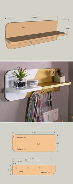 three different views of a shelf with plants on it and the measurements for each shelf