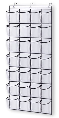 a wall mounted hanging organizer with clear bins