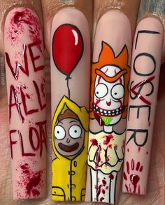 Fall Nail Designs Brown, Nail Designs Brown, Rick And Morty Nails, Fall Nail Colours, Spongebob Nails, Rick E Morty, Nail Art Machine, Horror Nails, Halloween Decor Diy