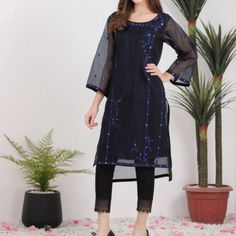 Gorgeous Navy Blue Organza Kurta With Attached Slip. Bust 22.5 Inches. High Low Style. Front Length 36 Inches, Back 40 Inches. *Please Checkout My Other Brand New Listings In The Boutique Section* No Offers Please. Price Is Discounted Already And Free Shipping Has Been Applied Unstitched Straight Kurta Churidar For Party, Unstitched Kurta For Eid Party, Party Wear Long Sleeve Kurta For Festive Occasions, Party Kurta With Dabka On Georgette, Kurta With Resham Embroidery For Eid Party, Elegant Churidar For Navratri Party, Party Wear Dresses With Dabka Embroidery, Elegant Party Churidar With Self Design, Eid Party Straight Kurta