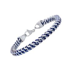 This Mens Stainless Steel and Blue IP foxtail link bracelet is a bold addition to your Jewelry collection. Featuring a square Foxtail design, blue IP plating with a brush finish all around, sturdy terminals, and a lobster clasp, this piece offers a unique alternative from your daily jewelry ensemble. A unique blend of weight, durability, and fashion, makes this an ideal choice for any occasion, whether thats dressing up for a night out, or for a regular day at work, you can wear this with confid Blue Bracelets With Stainless Steel Clasp As A Gift, Blue Jewelry With Stainless Steel Clasp For Gift, Adjustable Blue Jubilee Chain Bracelet, Blue Metal Bracelet With Lobster Clasp, Adjustable Blue Metal Chain Bracelet, Modern Blue Jewelry With Stainless Steel Clasp, Adjustable Blue Chain Bracelet, Blue Stainless Steel Chain Jewelry, Blue Chain Link Metal Jewelry