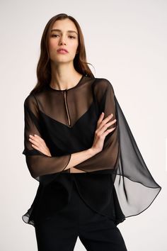 Gelo Fitted Black Sets With Cape Sleeves, Elegant Black Set With Cape Sleeves, Elegant Black Sets With Cape Sleeves, Elegant Long Sleeve Sets With Draped Sleeves, Elegant Sets With Draped Long Sleeves, Elegant Cape Sets For Spring, Elegant Spring Cape Set, Fitted Tops With Cape Sleeves, Elegant Fitted Top With Cape Sleeves