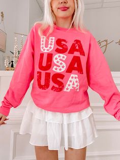 Pink USA Sweatshirt | Sassy Shortcake Boutique Preppy Southern Outfits, Sassy Shortcake, Preppy Wardrobe, Fancy Fits, Oc Outfits, Southern Outfits, Usa Sweatshirt, Preppy Sweater, Preppy Southern