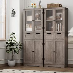 a tall wooden cabinet with glass doors in a living room next to a potted plant