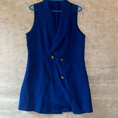 Never Used No Tags No Bag Blue Buttoned Summer Outerwear, Blue Sleeveless Outerwear With Buttons, Blue Outerwear With Pockets For Office, Blue Summer Outerwear With Button Closure, Blue Office Outerwear With Pockets, Blue Office Outerwear, Blue Sleeveless Spring Outerwear, Casual Blue Office Outerwear, Casual Blue Double-breasted Outerwear