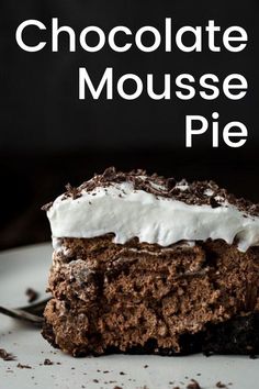 a piece of chocolate mousse pie on a plate