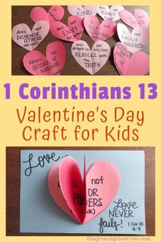 valentine's day craft for kids with hearts cut out from paper and the words, 1 corintians 13 valentine's day craft for kids