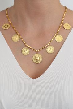 "* Gold KT: 14K Solid Gold * Gold Color: Yellow Gold * Chain lengths: Adjustable, 16'' 18\", 20\" * The length of the chain in the photo is 18 inches. This necklace contains 6 Turkish 14K Quarter Gold Coins and 1 Turkish Half 14K Quarter Gold Coin.  Follow on Instagram - @bayargold.tr My Web Site - https://www.bayargold.com * Bayar Gold is a fine jewelry company. Please do not hesitate to ask us questions. We are always here to help you. * All items are packed in the high-quality jewelry box. Th Gold Coin Jewelry Pendants, Yellow Gold Coin Necklace With Chain Detail, Yellow Gold Coin Necklace With Chain, Turkish Design Gold Jewellery, Turkish Jewellery Gold, Turkish Gold Jewelry, Gold Monogram Necklace, Gold Coin Jewelry, Gold Coin Ring