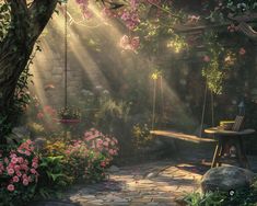 a painting of a garden with flowers and a bench in the sun shining through the trees