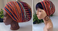 two pictures of a woman's head wearing a crocheted hat and earrings