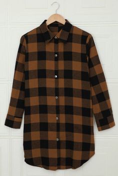 This classic brown and black plaid pattern long flannel shirt is very figure flattering, it can be worn over any t-shirt or cami to create a trendy street style. Runs a little more fitted. Sleeves run shorter than other flannels. Size Chart (INCH) Sizes Bust Sleeve_Length Length Front S 36 22 35.4 M 38 22 35.8 L 40 22 36.2 XL 42 23 36.6 2XL 46 23 37.0 Elasticity Slight Trendy Street Style, Flannel Jacket, Orange Plaid, Brown Plaid, Plaid Fashion, Long Sleeve Plaid, Plaid Tops, Black Plaid, Plaid Pattern