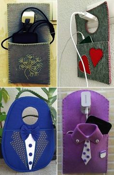 four different cell phone cases made to look like they have ties and hearts on them