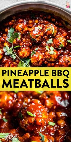 pineapple bbq meatballs in a pan with text overlay