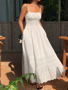 Embroidery Shift Shirred Long Dress White Long Maxi Dress, White Milkmaid Dress Long, White Dress Sundress, Cute Dresses Long Casual, Shirred Wedding Dress, Aesthetic Summer Dresses Long, White Cotton Sundress, Long Cotton Dress Outfit, Cotton Core Aesthetic