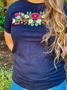 "Beautiful! Mexican embroidered t- shirts !! Fresh shirts - beautiful colors , Great shirts for hot summer. Great quality cotton fabric: stretchy. Care : Hand wash - no dryer. MEASUREMENTS: Armpit to armpit: 19.5\" Length: 26\" COLORS : There is two kinds of gray one is deeper color , one is more opaque, I will name the opaque color vintage gray , to make a difference between them. There is two kind of teal , one is deeper color and one is more opaque, the opaque color fabric has mix of gray and Altered Clothing, Mexican Shirts, Summer T Shirts, Shirts Summer, Color Vintage, Color Fabric, Embroidered Tshirt, Deep Colors, Make A Difference