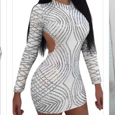 Excellent Quality Beautiful Elegant Spring Bodycon Dress With Sequins, Elegant Spring Sequin Bodycon Dress, White Backless Club Dress, Elegant Bodycon Sequin Dress For Holiday Party, Elegant White Bodycon Dress For Club, White Backless Bodycon Dress For Night Out, Chic Fitted White Bodycon Dress, White Backless Mini Dress For Club, White Bodycon Mini Dress For Club