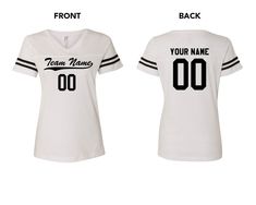 - This Personalized Football Jersey Team T-Shirts have your team name and number on the Front and name and number on the Back! Sold individually. ORDER PROCESSING TIME: - 3 to 5 Business Days (Excludes Shipping Time) MINIMUM ORDER: 1 Piece PERSONALIZED FOOTBALL JERSEY T-SHIRT FEATURES: - Custom printed LAT (Live and Tell) Ladies' V-Neck Football Shirt (3537) - Made of 4.5 oz. 100% combed ring-spun cotton fine jersey. CVC colors are made of 60% combed ring-spun cotton, 40% polyester. - Fit: Ladie Collegiate V-neck Top With Letter Print, Varsity Crew Neck T-shirt For Team Events, Team Spirit T-shirt With Team Name For College, Collegiate Baseball Jersey With Team Name And Crew Neck, White Team Spirit Jersey With Name Print, Short Sleeve Jersey For Fan Merchandise, Jersey Tops With Letter Print For Sports Events, Sports Fan Jersey Top With Team Name, White Baseball Jersey With Name Print