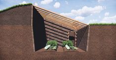 an artist's rendering of a house built into the ground with plants growing out of it