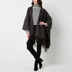 This women's monochrome wrap from a.n.a is as chic and cozy as it looks. It's knitted from a super-soft woven fabric with a fringed trim and it slips on easily. This oversized style will pair perfectly with your favorite cold-weather looks as a warm outer layer.Scarf Length: 62 InScarf Width: 55 InFiber Content: 100% PolyesterFabric Description: WovenCare: Hand WashCountry of Origin: Imported Chic Fall Wrap Poncho, Chic Winter Layering Wraps, Chic Winter Layering Wrap, Chic Winter Wraps For Layering, Chic Knit Poncho For Fall, Winter Layering Wraps, Winter Wraps For Layering, Shawl Outfit Fall, Shawl Outfit