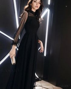 Lasaky - Sophisticated Black Long-Sleeve Evening Dress for Hosting Events Elegant Maxi Dress For Winter Night Out, Elegant Maxi Dress For Night Out In Winter, Elegant A-line Evening Dress For Winter, Evening A-line Dress With Lace Sleeves, Elegant Midi Dress For Winter Night Out, Elegant Winter Midi Dress For Night Out, Elegant Long Sleeve Evening Dress With Lace Sleeves, Dressy Long Sleeve Evening Dress, Black Maxi Evening Dress For Fall