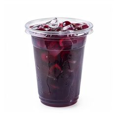 a plastic cup filled with ice and cherries