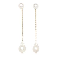 A medium-size freshwater pearl attached to a gold-dipped chain drop earring with a freshwater pearl.- Each item is handmade and unique, may have slight variations - Can be worn as a drop earring or as a stud earring. - Available as a single earring or pair. - Please allow 3-5 days for items to ship Freshwater Pearl Drop Earrings, Woven Wall Art, Earring Collection, Gem Necklace, Shell Bracelet, Cowrie Shell, Gold Dipped, Pearl Choker, Drop Earring