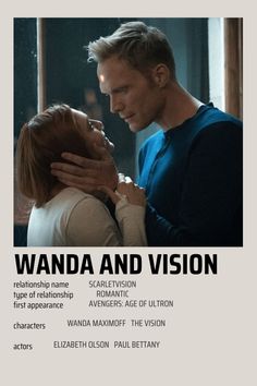 a man and woman standing next to each other in front of a window with the words wandda and vision on it