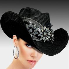 Stunning Black Couture Cowboy Hat! This Fabulous Piece Features Dazzling Rhinestones That Add The Perfect Touch Of Class, Style, And Bling To Your Look. Whether You're Hitting The Rodeo, A Western Themed Gala, Or An Event Aiming For A Stylish Statement, This Hat Is Sure To Turn Heads And Elevate Your Style To The Next Level. Get Ready To Stand Out And Shine With Our Exquisite Couture Cowboy Hat! Custom Cowgirl Hats, Black Couture, Classy Hats, Model Runway, Crystal Eyes, Couture Accessories, Western Hats, Cowgirl Hats, Beautiful Hats