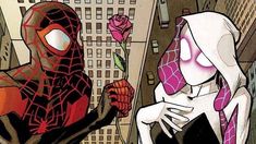 spider - man and woman in the city looking at each other with roses in their hands