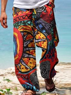 Color: 02, Size: 5XL Pants For Man, Baggy Pants Men, Flower Print Design, Casual Pants Style, Retro Beach, Linen Blend Pants, Mens Linen, Estilo Hip Hop, Beach Pants