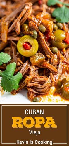 a close up of a plate of food with the words cuban ropa on it