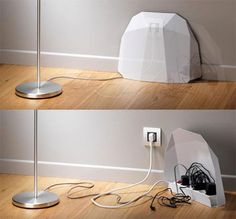 two pictures of a lamp and some wires on the floor in front of a wall