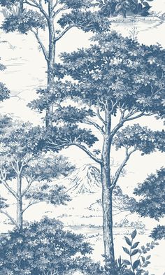 a blue and white wallpaper with trees in the woods on it's side