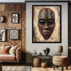 a living room filled with furniture and art on the wall above it is a painting of an african man's face