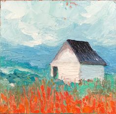 an oil painting of a white house in the middle of a field with red flowers