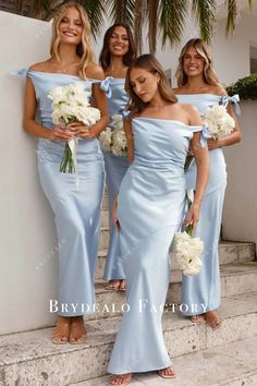 bridesmaid dresses with off the shoulder and side slits in light blue color