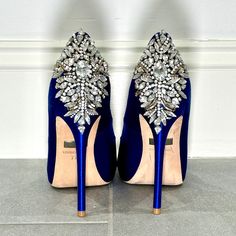 Badgley Mischka Blue Satin Crystal High Heel Peep Toe Pumps Size 7. The Most Stunning High Heel Shoes They Just Didn't Fit Me Right. No Signs Of Wear On Satin Or Insole, Just Slight Wear On The Sole From Walking On Our Tile Floor. Shoes Are Still In Store. Blue Rhinestone Wedding Shoes For Formal Occasions, Blue Wedding Shoes With Rhinestones, Blue Rhinestone Wedding Shoes, Glamorous Blue High Heel Wedding Shoes, Blue Embellished Shoes For Formal Occasions, Blue Embellished Wedding Shoes For Formal Occasions, Blue Glamorous Wedding Shoes For Party, Blue Embellished Wedding Shoes, Blue Wedding Shoes With 4-inch Heel