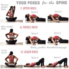 a woman doing yoga poses for the side planks and upper back stretches with instructions on how to do it