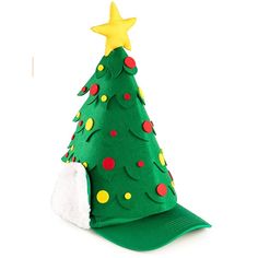 a green christmas tree hat with yellow stars on it's top and a white background