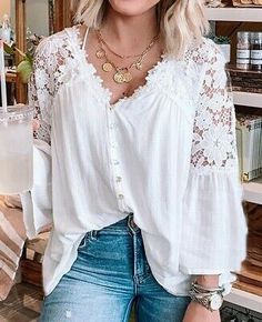 Top Seller for L New Boho White Lace V-Neck Button Front Top Blouse Vtg Insp Womens Size LARGE, Women's Clothing White Crochet Lace Top, Blouse Size Chart, Romantic Tops, Patch Work Blouse, Crochet Lace Top, Flared Sleeves Top, Embroidery Top, Lace Button, Button Top