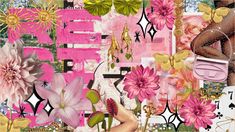 a collage with pink flowers, gold and green leaves on it's sides