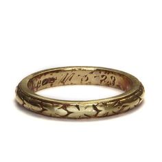 Art Deco Wedding band. Measuring 2.6 mm wide, this unusual green gold wedding band has a softly worn pattern of blossoms and is engraved with the date "11-5-23". Size 5. Resizing may be possible, please inquire. 14K green gold. Vintage Wedding Bands, Green Gold Weddings, Art Deco Wedding Band, Vintage Wedding Band, Deco Wedding, Art Deco Wedding, Timeless Wedding, Gold Wedding Band, Green Stone