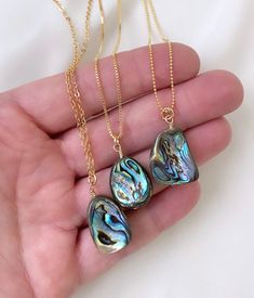 Abalone Shell Pendant Necklace These stunning necklaces are eye-catchers! Features all natural Abalone Shells in random freeform shapes. No two pendants will be exactly alike as they are all natural. Each hangs on your choice of chain. All components are gold filled. Chain Options: Gold Filled Link Chain Gold Filled Box Chain Gold Filled Ball Chain Chain Length Options: 18 inches 20 inches 22 inches 24 inches Can't decide on a length? Purchase a 2-inch chain extender to add to your necklace for Handmade Shell-shaped Necklace For Gift, Abalone Shell Necklace As A Gift, Shell Necklace With Clavicle Chain As Gift, Shell Necklace With Clavicle Chain For Gift, Gold Bohemian Abalone Shell Necklace, Gift Shell Necklace With Lobster Clasp, Gift Shell Necklace With Clavicle Chain, Shell Necklaces With Lobster Clasp For Gifts, Abalone Shell Pendant Gift