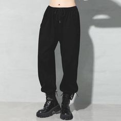 Women Clothes 2020 Loose Casual Match All Personality Tide Cargo Pants - Omychic Casual Black Cotton Harem Pants, Hip Hop High Waist Winter Bottoms, Hip Hop High Waist Bottoms For Fall, Baggy Drawstring Pants For Winter, Winter Baggy Pants With Drawstring, Black High-waisted Winter Sweatpants, High-waisted Black Winter Sweatpants, Black Sweatpants With Elastic Cuffs For Streetwear, Winter Black High-waisted Sweatpants