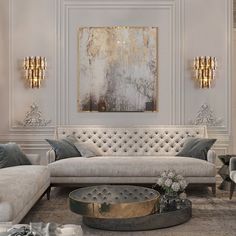 Expensive Interior, Crystal Wall Sconces, Wall Molding, Modern Transitional, Gold Walls, Living Room Grey, Interior Styles, Luxury Living Room, Deco Style